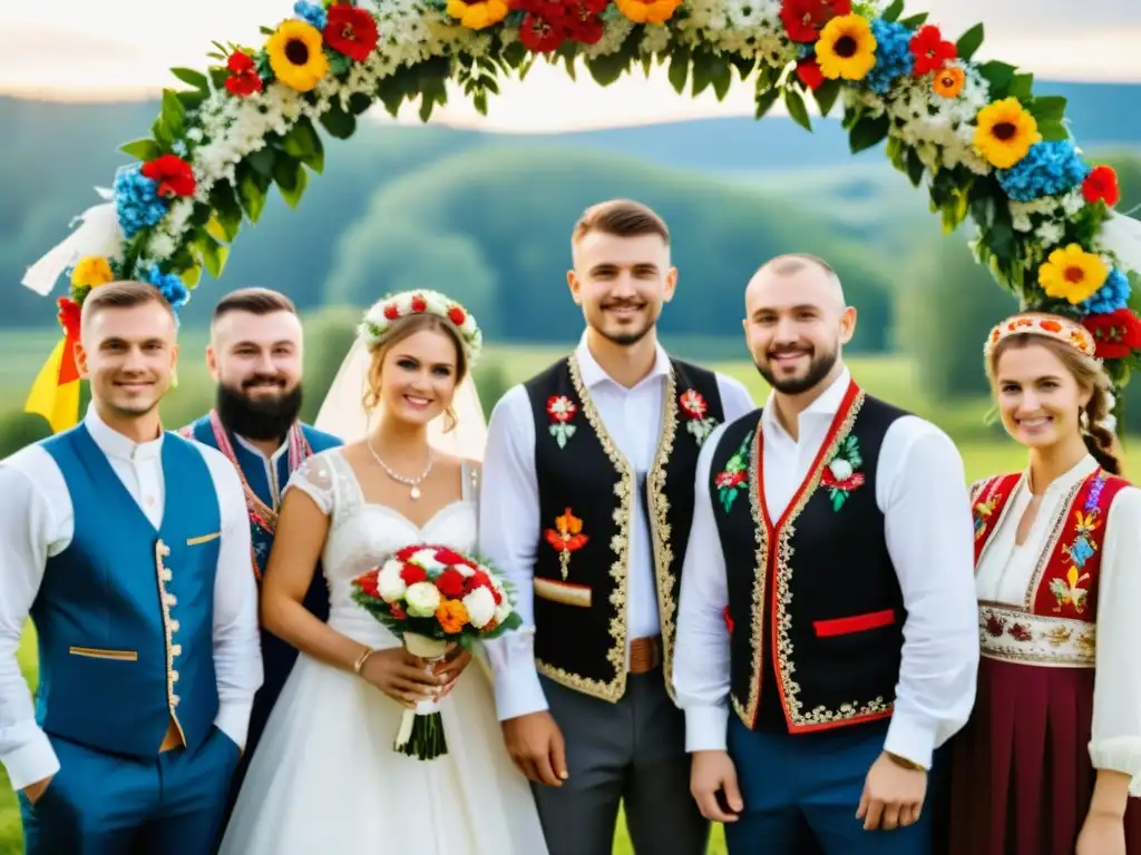 Una boda eslava tradicional llena de colores vibrantes, patrones intrincados y pañuelos bordados en una atmósfera festiva