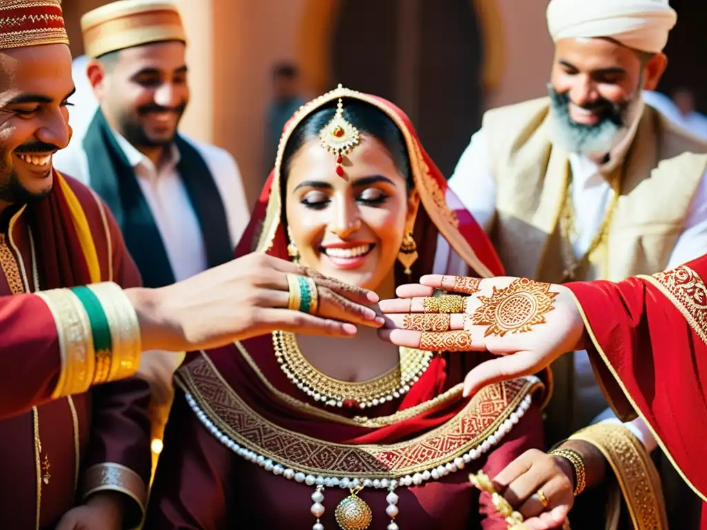 Una boda tradicional marroquí llena de color y alegría en una medina, con rituales de matrimonio intercultural musulmán