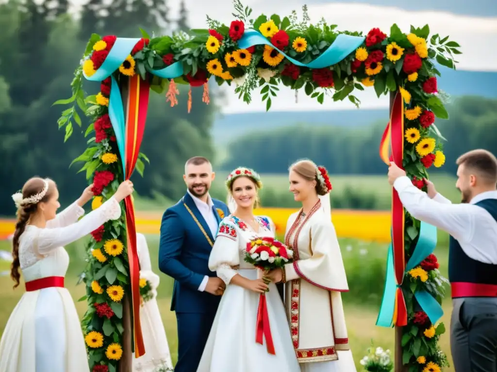 Una boda tradicional eslava con novios intercambiando votos bajo un arco floral, rodeados de familiares vestidos de forma vibrante