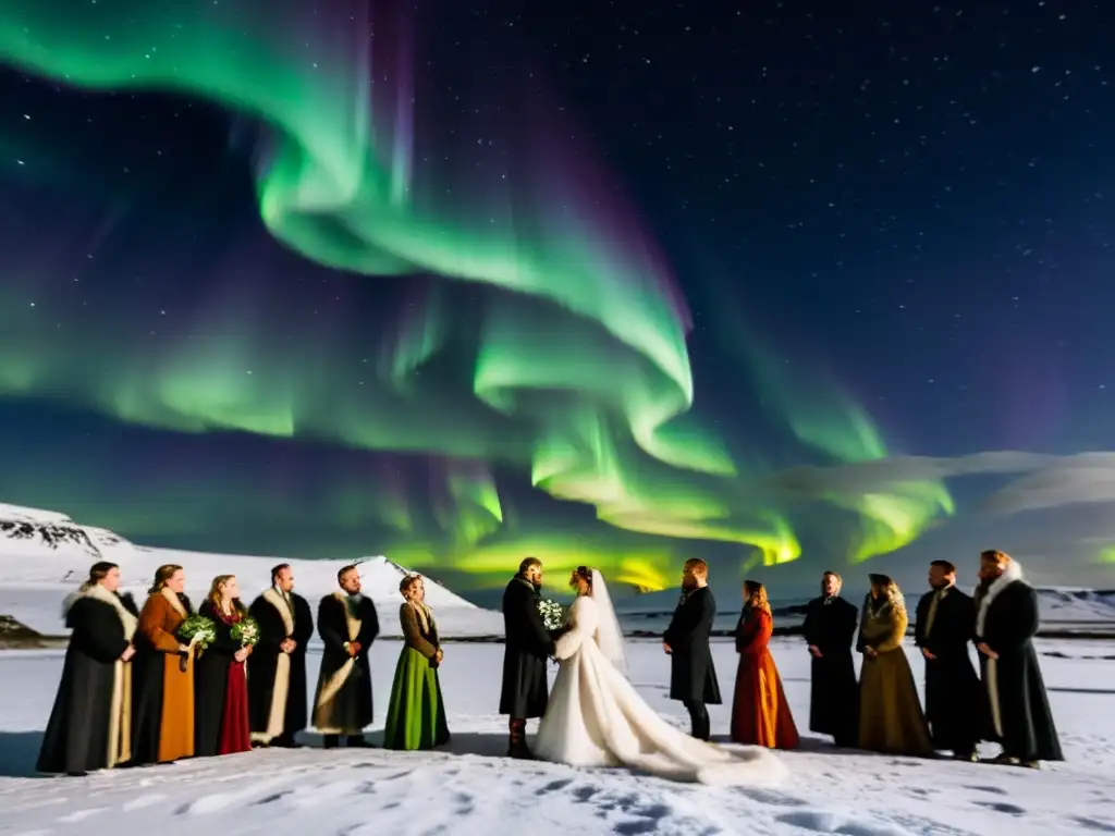 Una boda tradicional en Islandia, con ritos matrimoniales únicos, donde la aurora boreal ilumina el paisaje nevado