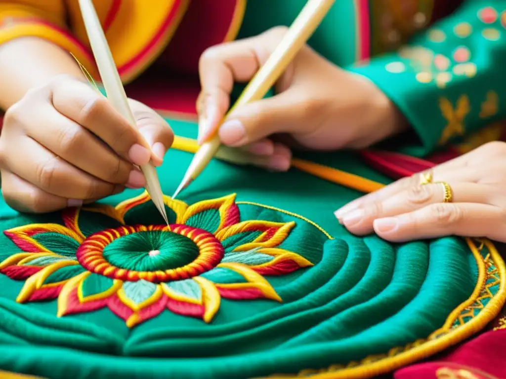 Bordados étnicos moda urbana: Detalle de manos expertas bordando patrones étnicos en vibrante tela, resaltando su artesanía y colorido