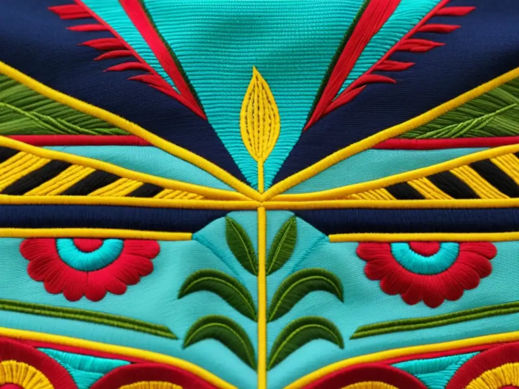 Bordados étnicos moda urbana: Detalle de un textil tradicional bordado por expertos artesanos, con patrones intrincados y colores vibrantes