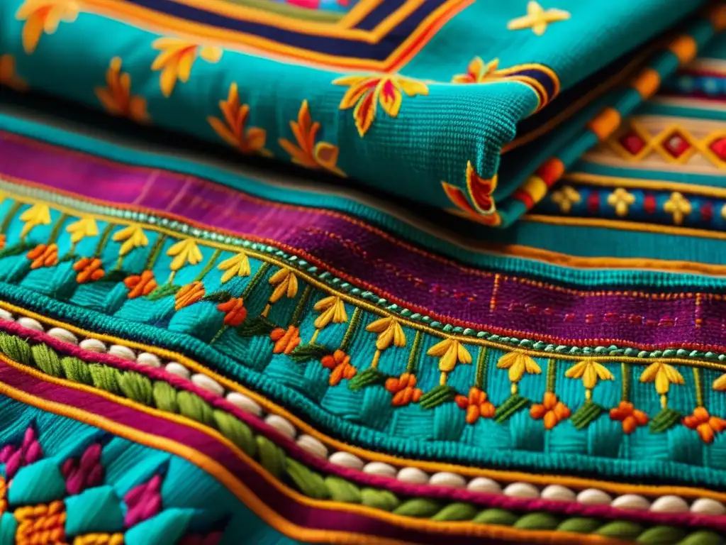 Bordados étnicos moda urbana: Detalle vibrante de un textil étnico, con intrincados bordados y colores que fusionan tradición y modernidad