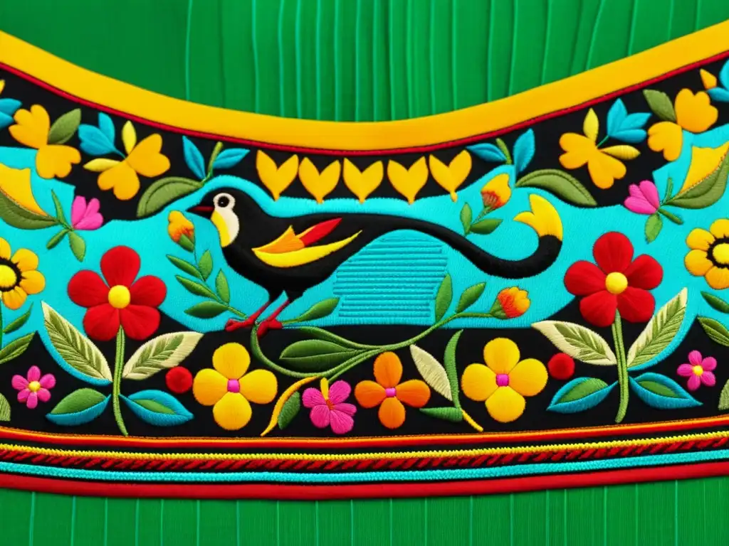 Bordados Otomí en moda alta: Detalle de vibrante diseño bordado en prenda mexicana, con motivos florales y animales en una paleta de colores llamativa