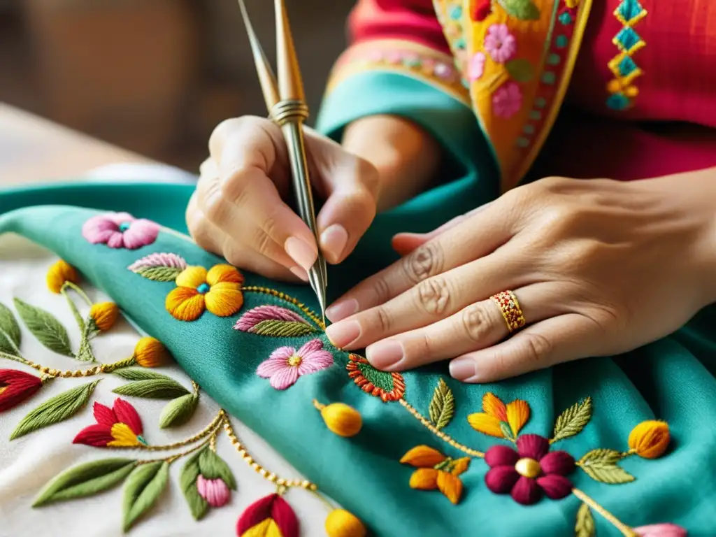 Bordados tradicionales moda global: artesano bordando un patrón floral en tela delicada, demostrando habilidad y orgullo