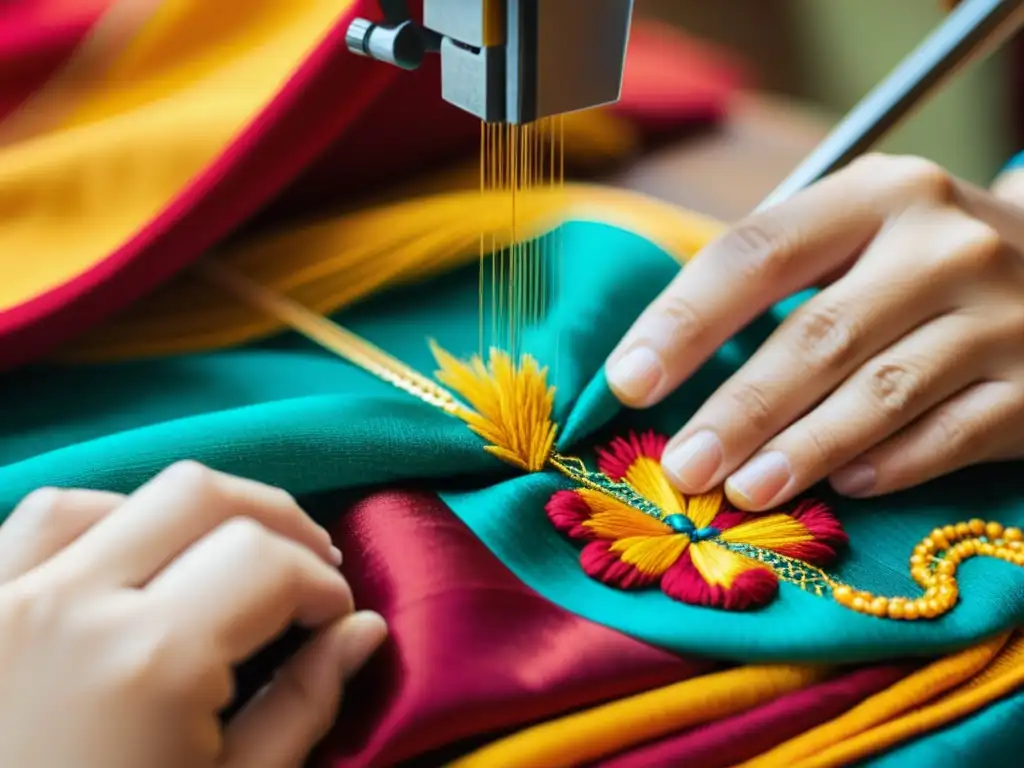 Bordados tradicionales moda global: Detalle de un artesano bordando a mano en tela vibrante, resaltando la artesanía y la herencia cultural