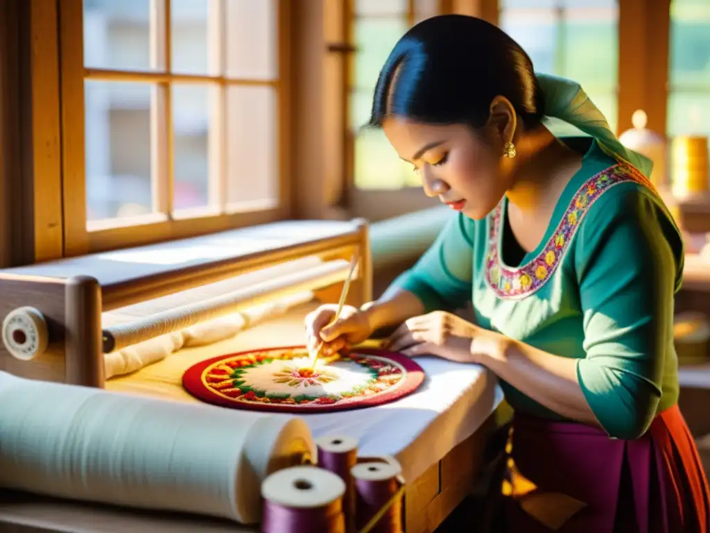 Bordados tradicionales moda global: Hábiles artesanos bordando diseños intrincados en vibrante tela, bañados por la cálida luz del sol