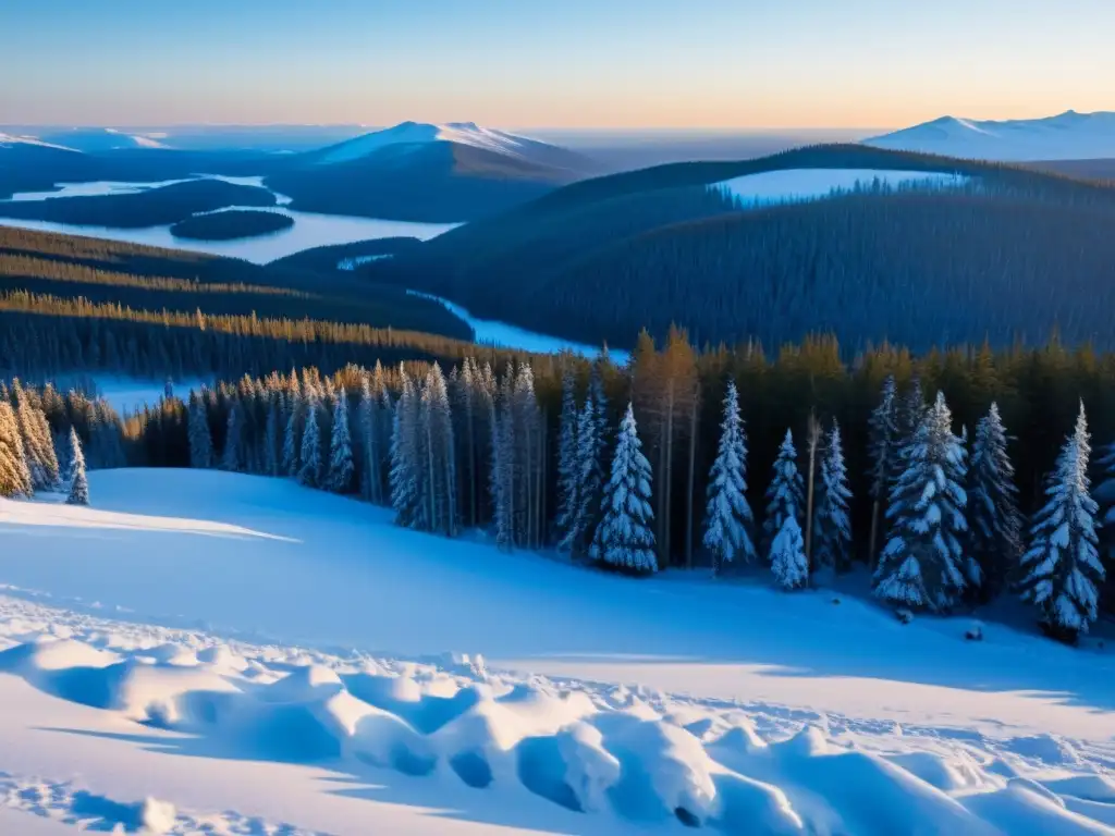 Un bosque de taiga siberiana cubierto de nieve al atardecer, con rituales de invierno en Siberia