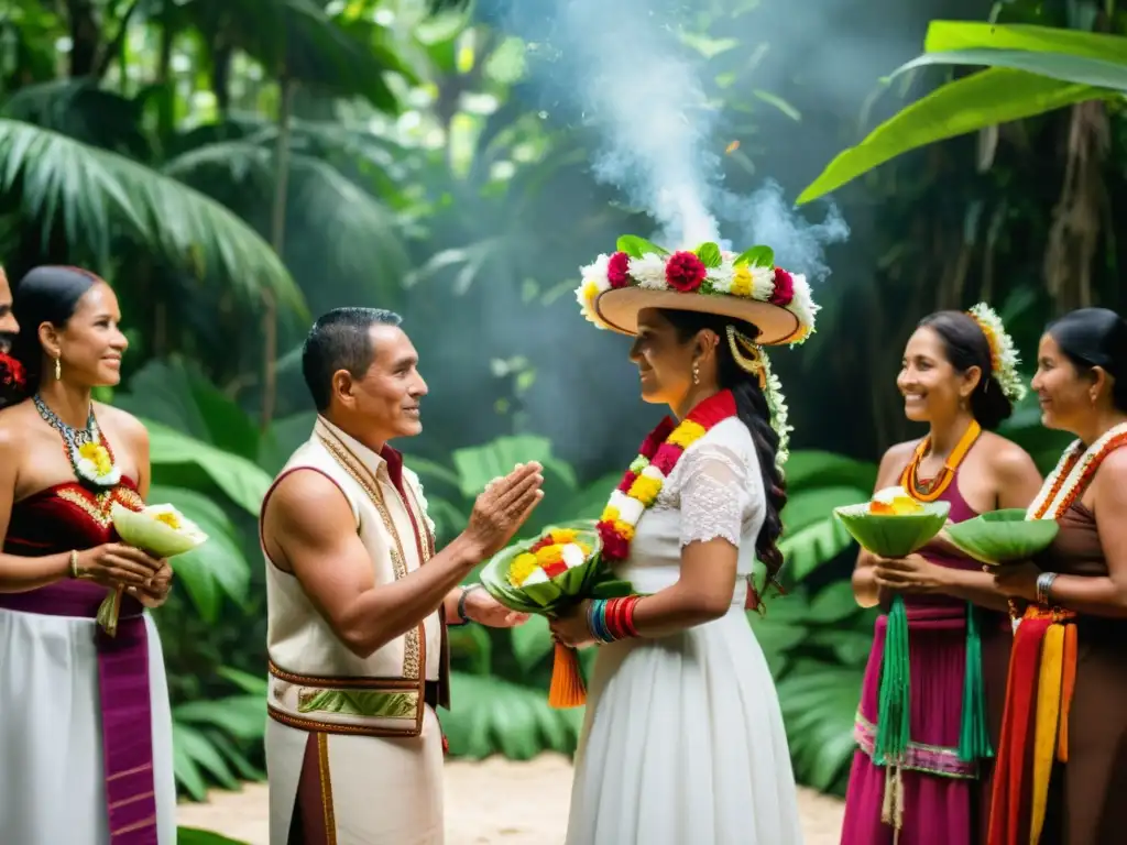 En un bosque tropical, una pareja recibe la bendición del cacao en su boda maya entre flores y cánticos ceremoniales