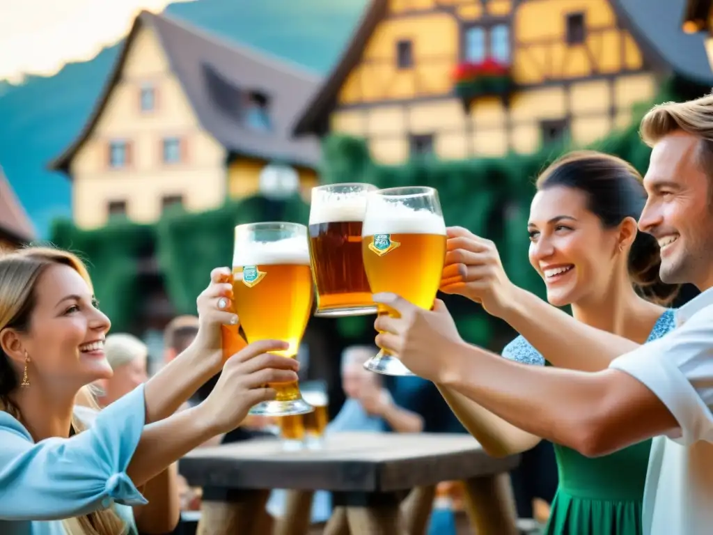 Un brindis alegre en un jardín de cerveza en Alemania, capturando la esencia de la cultura cervecera y festivales en Alemania