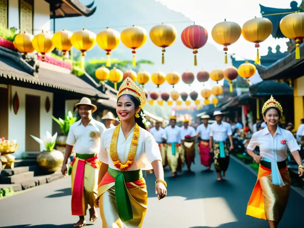 El bullicio del Festival Galungan en Bali: calles llenas de color, danzas tradicionales, ofrendas y la energía festiva palpable