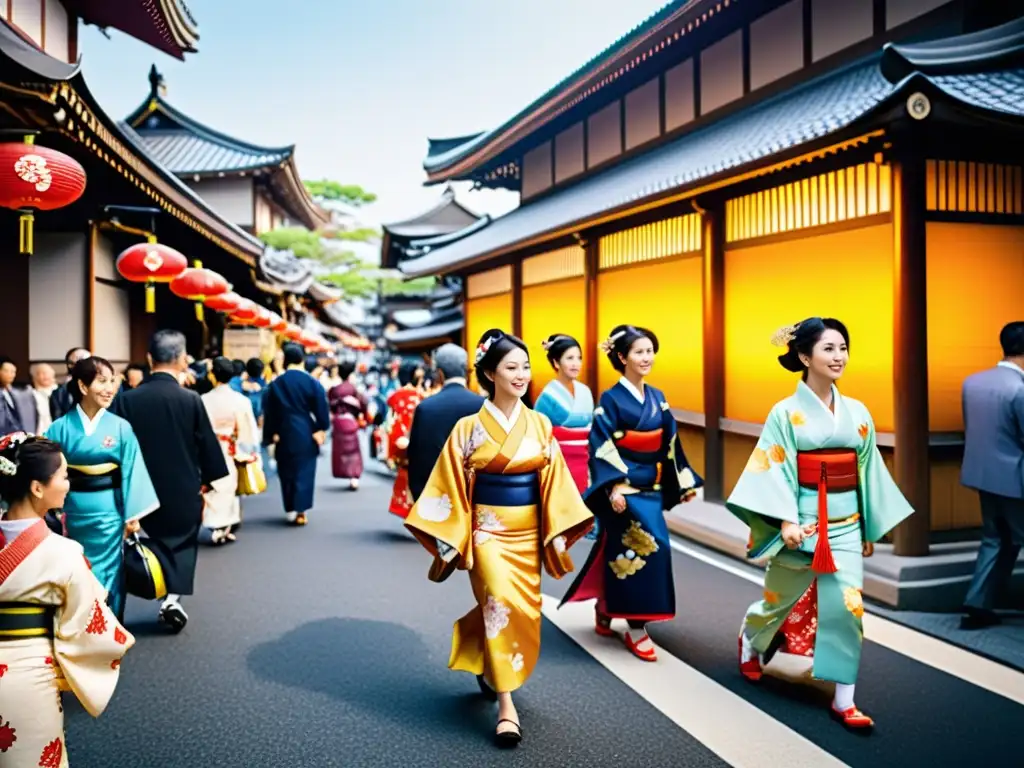 Una bulliciosa calle de ciudad en Japón, llena de personas en atuendos tradicionales japoneses participando en rituales culturales