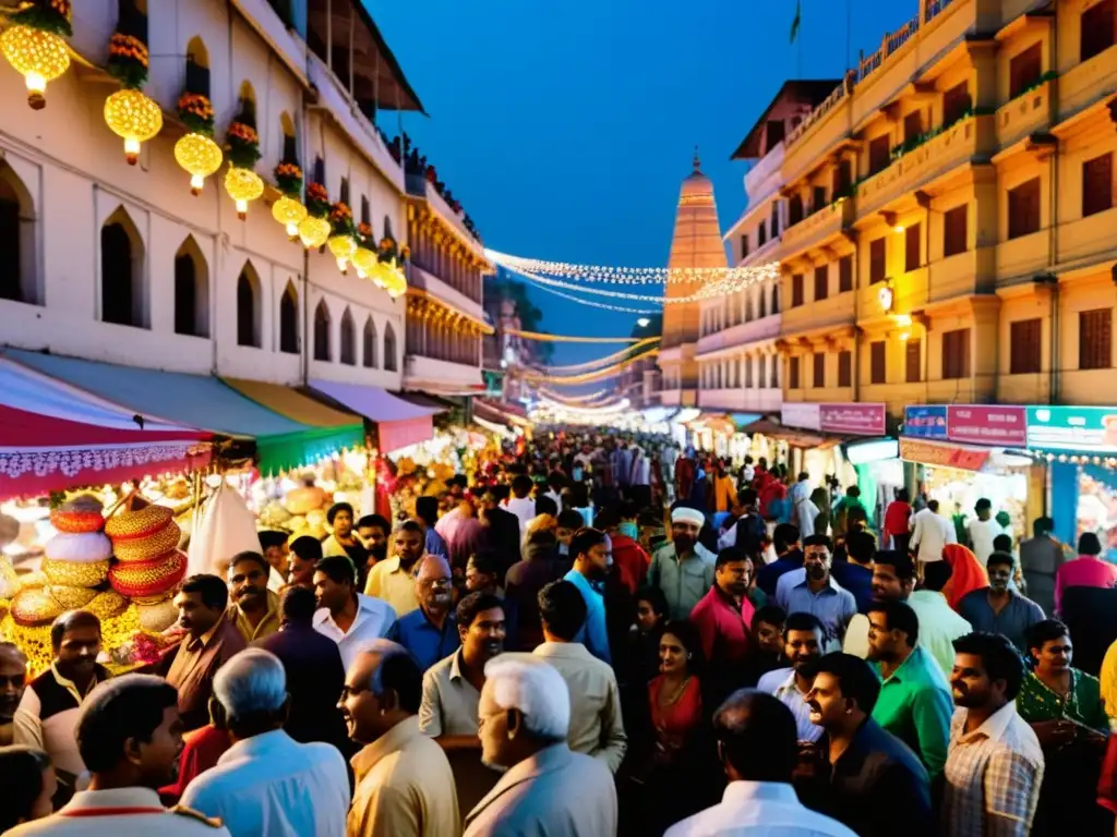 Una bulliciosa calle de la India decorada para Navidad, fusionando elementos culturales indios y cristianos