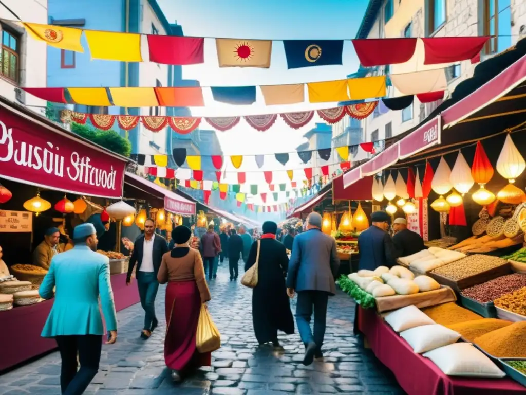 Una bulliciosa calle de Estambul llena de gente de diferentes culturas, con música, bailes y aromas de especias