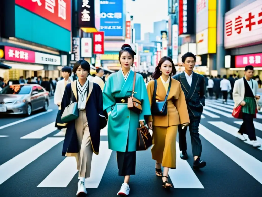 Una bulliciosa calle de Tokio, fusionando moda japonesa tradicional y contemporánea en el siglo XXI, con jóvenes estilosos y una energía dinámica