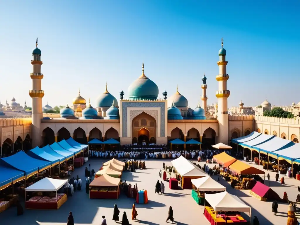 Una bulliciosa celebración festividades sharia leyes islámicas en un mercado moderno, con colores vibrantes y aromas exóticos