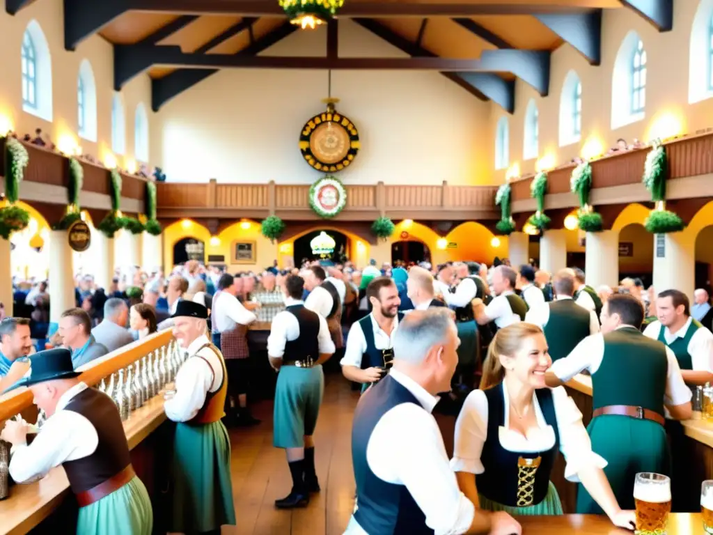 Una bulliciosa cervecería en Múnich durante el Oktoberfest, llena de gente vestida con trajes tradicionales bávaros