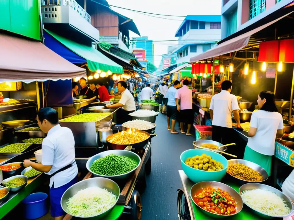 Una bulliciosa escena callejera en Bangkok, Tailandia, llena de coloridos puestos de comida y gente