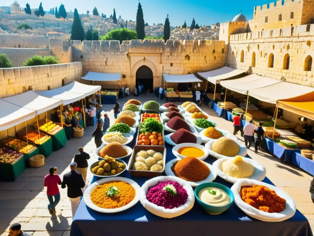 Una bulliciosa escena de mercado al aire libre en Israel, con la vibrante gastronomía judía en exhibición