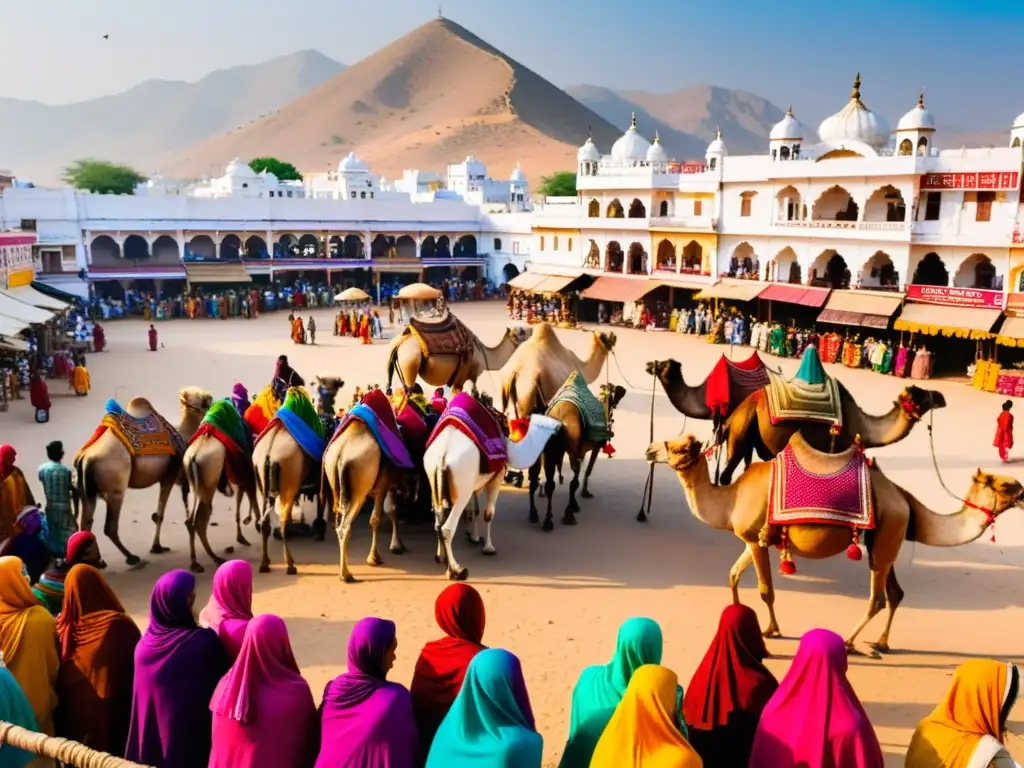 Una bulliciosa feria en Pushkar, India, llena de colores vibrantes, textiles tradicionales, camellos y arquitectura impresionante