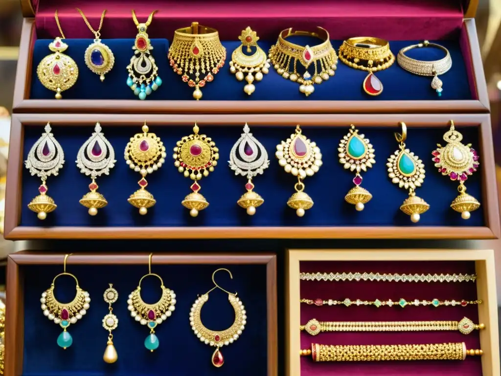 Un bullicioso bazar de joyería tradicional en la India, con gemas vibrantes y oro y plata intrincados