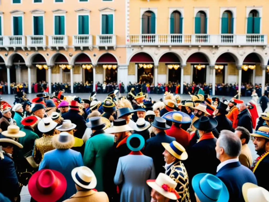 Un bullicioso y colorido Carnaval de Venecia en una plaza llena de gente, música y máscaras tradicionales