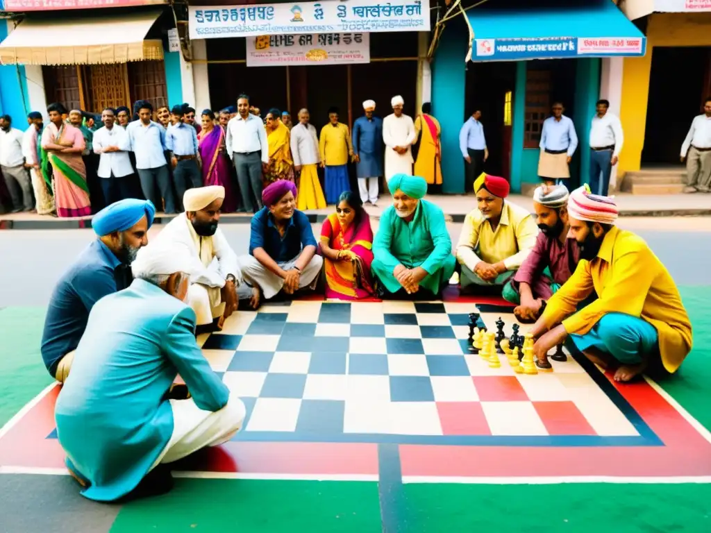 Un bullicioso y colorido escenario callejero en India, con una partida de ajedrez en el suelo