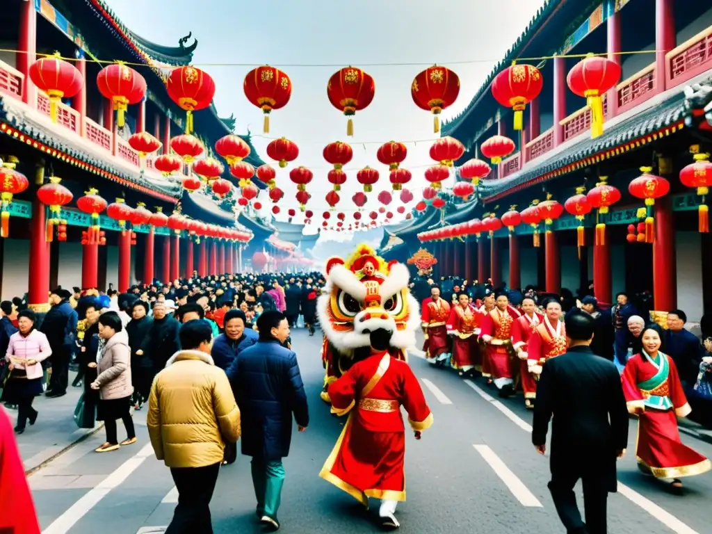 Un bullicioso desfile en una ciudad china durante el Año Nuevo Lunar, con vibrantes decoraciones rojas y doradas adornando la arquitectura tradicional