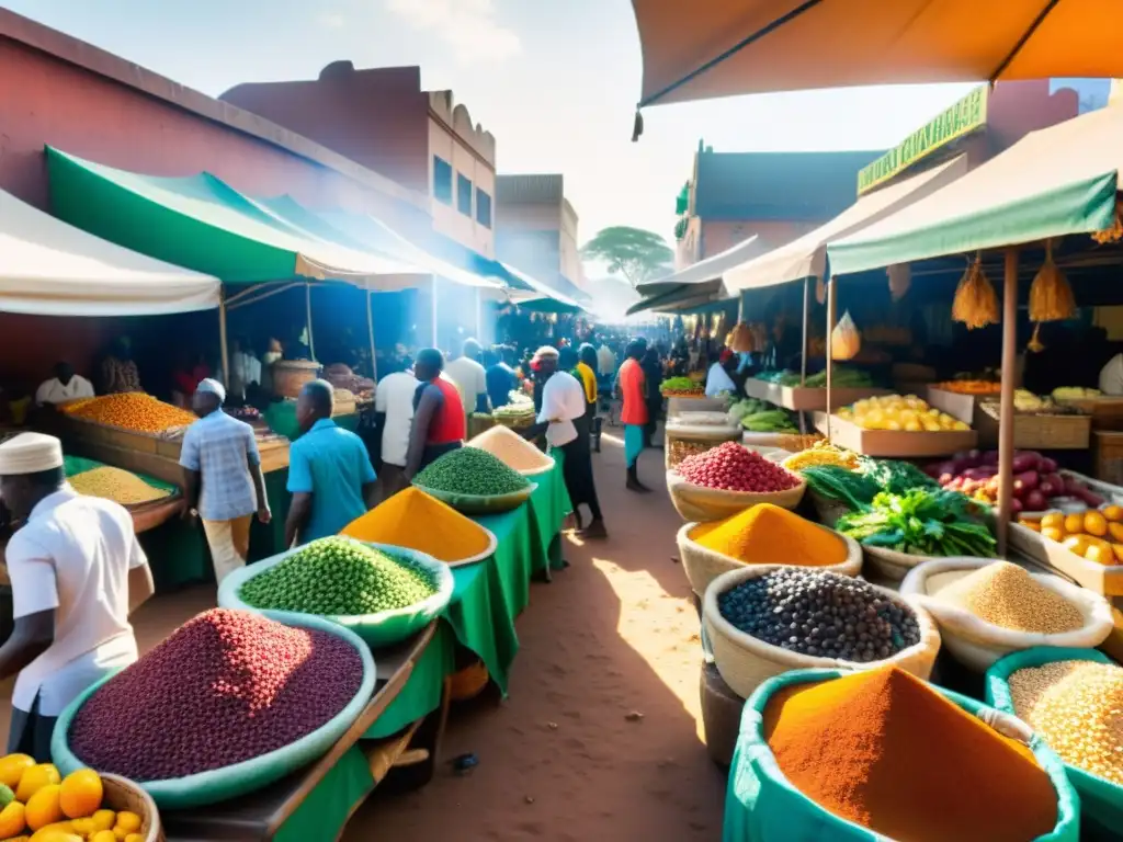 Un bullicioso mercado africano con colores vibrantes, frutas, verduras, especias y platos exóticos para paladares aventureros