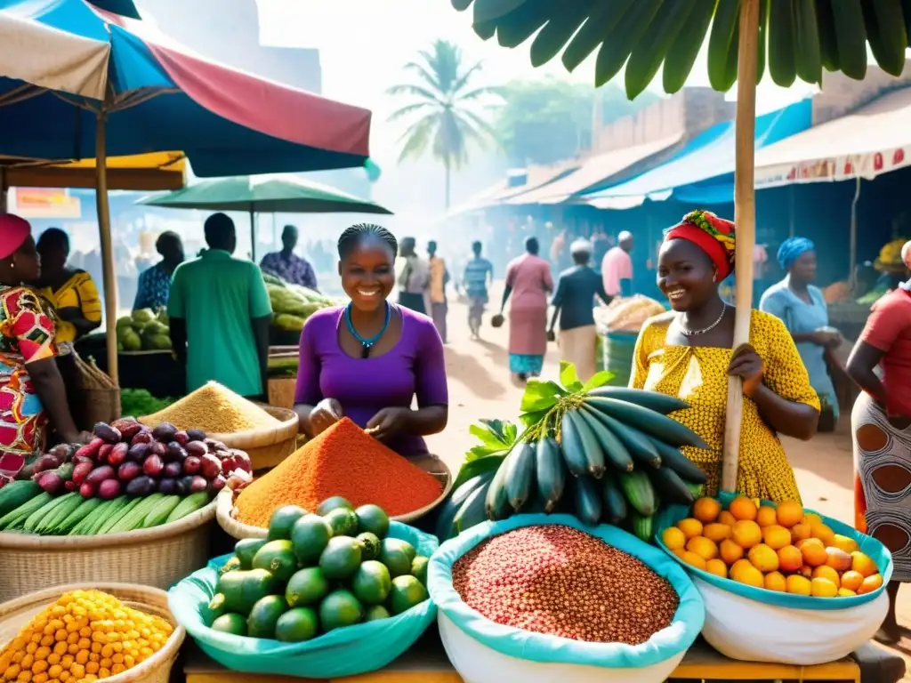 Un bullicioso mercado africano con mujeres vestidas con ropa tradicional vendiendo frutas, verduras y especias coloridas