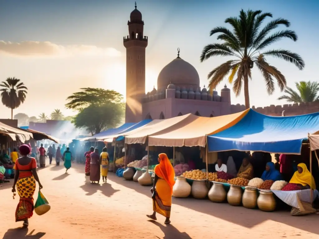 En un bullicioso mercado africano, mujeres en trajes tradicionales regatean precios