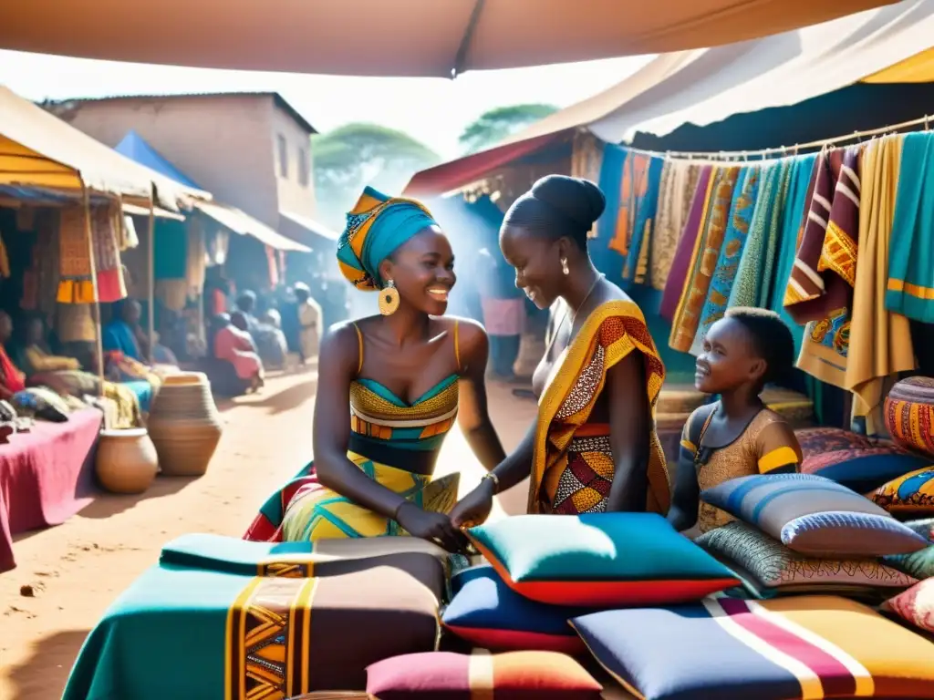 Un bullicioso mercado africano, con textiles vibrantes y colores diversos