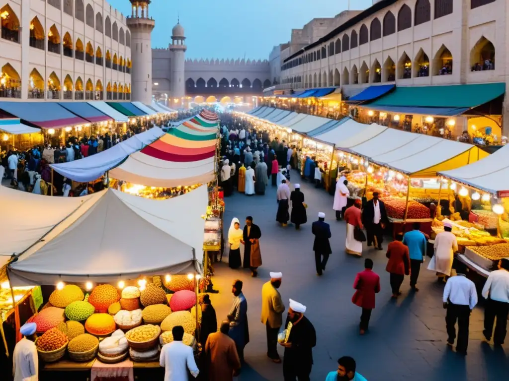 Un bullicioso mercado al aire libre en un país islámico, lleno de coloridas delicadezas típicas de Eid