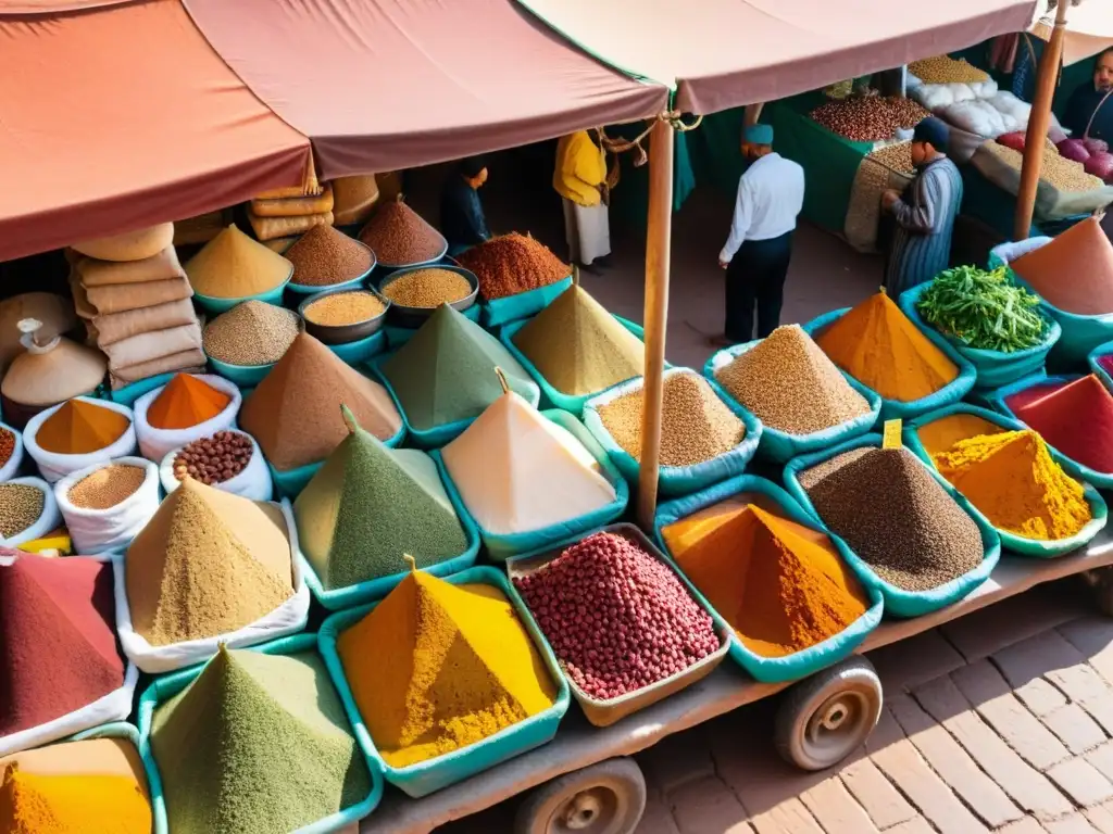 Un bullicioso mercado al aire libre en Marrakech, Marruecos, lleno de colores y aromas de especias y productos frescos