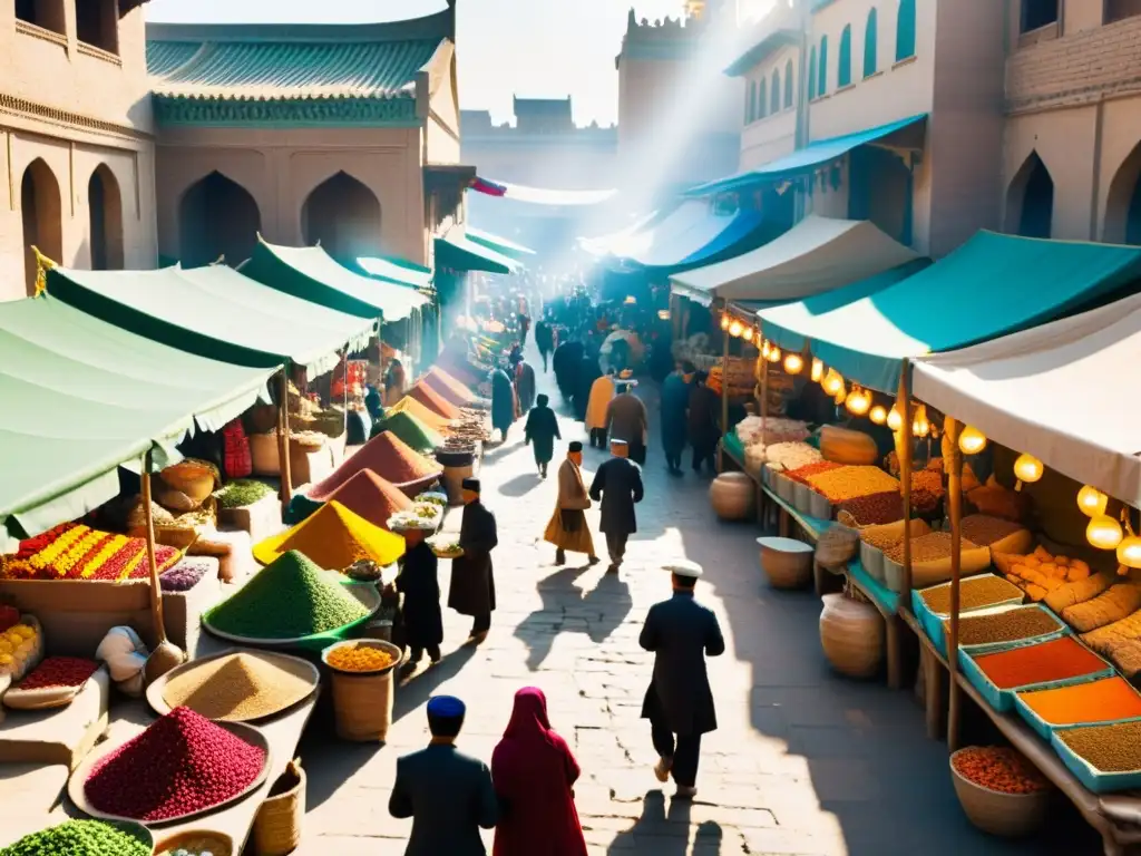 Mercado bullicioso en la Ruta de la Seda: una fusión cultural vibrante Un bullicioso mercado al aire libre a lo largo de la antigua Ruta de la Seda, con puestos vibrantes de especias, frutas y alimentos tradicionales