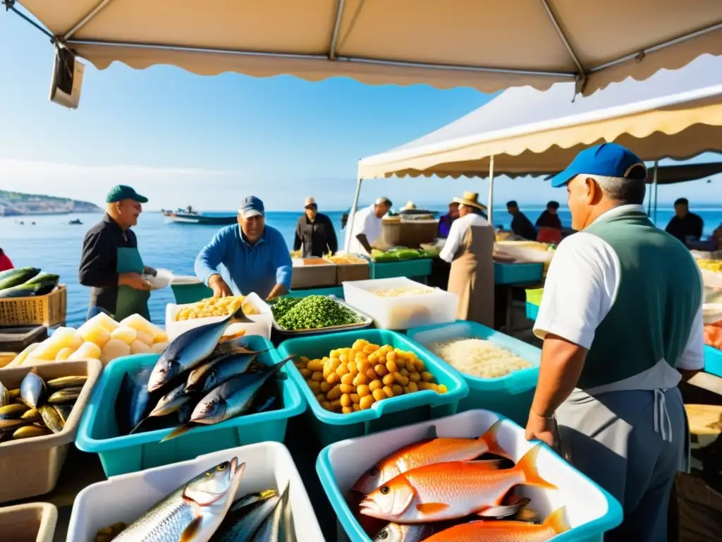 Un bullicioso mercado al aire libre en un pueblo costero, con pescadores locales vendiendo pescado fresco