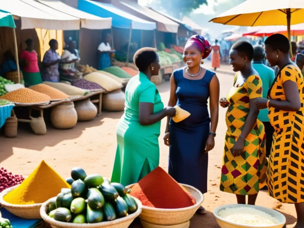 Un bullicioso mercado al aire libre en África Occidental, con puestos coloridos y vibrantes vendiendo productos frescos, textiles y artesanías