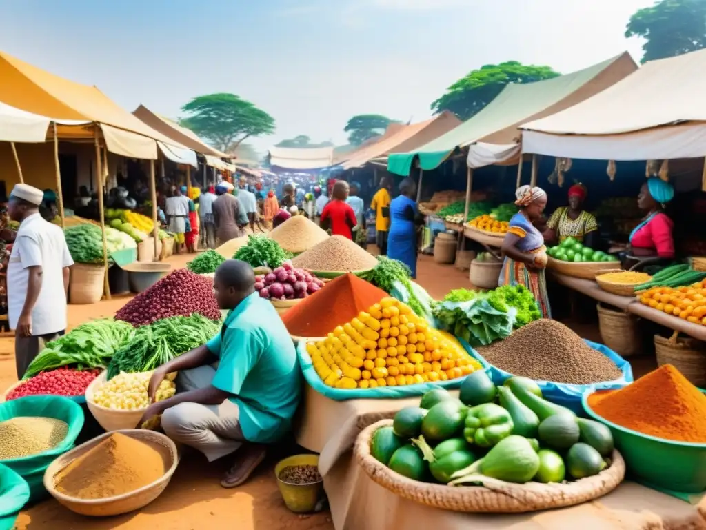 Un bullicioso mercado al aire libre en un país africano francófono, rebosante de colores, sabores y tradición culinaria