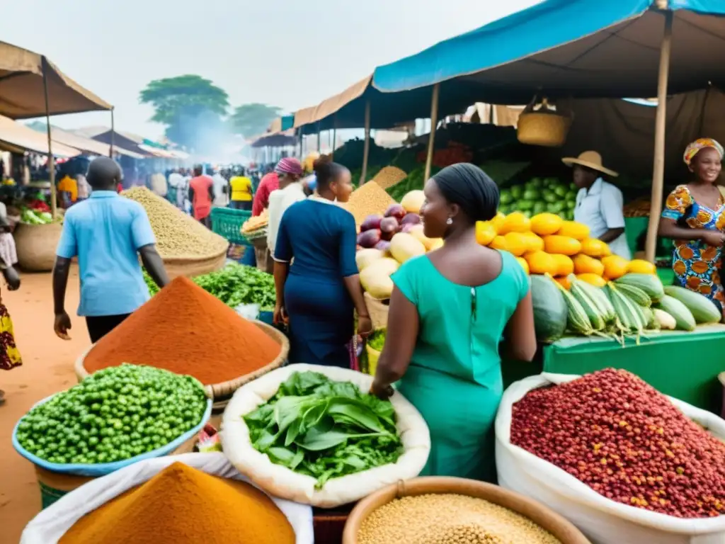 Un bullicioso mercado al aire libre en África Occidental, con vendedores y clientes intercambiando productos frescos y coloridos