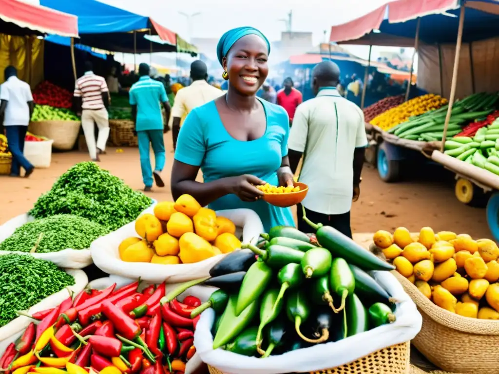 Un bullicioso mercado al aire libre en Dakar, Senegal, con puestos de frutas frescas y coloridas