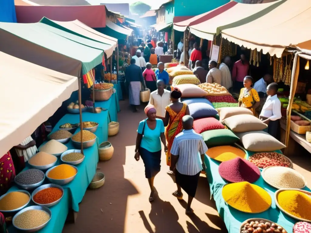 Un bullicioso mercado al aire libre en una vibrante ciudad africana, con diversidad étnica y lingüística en África francófona