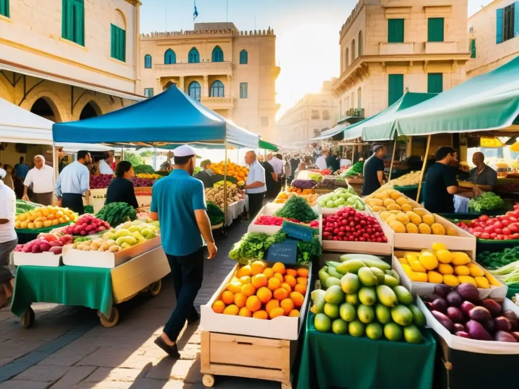 Un bullicioso mercado al aire libre en Israel, con una colorida variedad de frutas y verduras frescas en exhibición