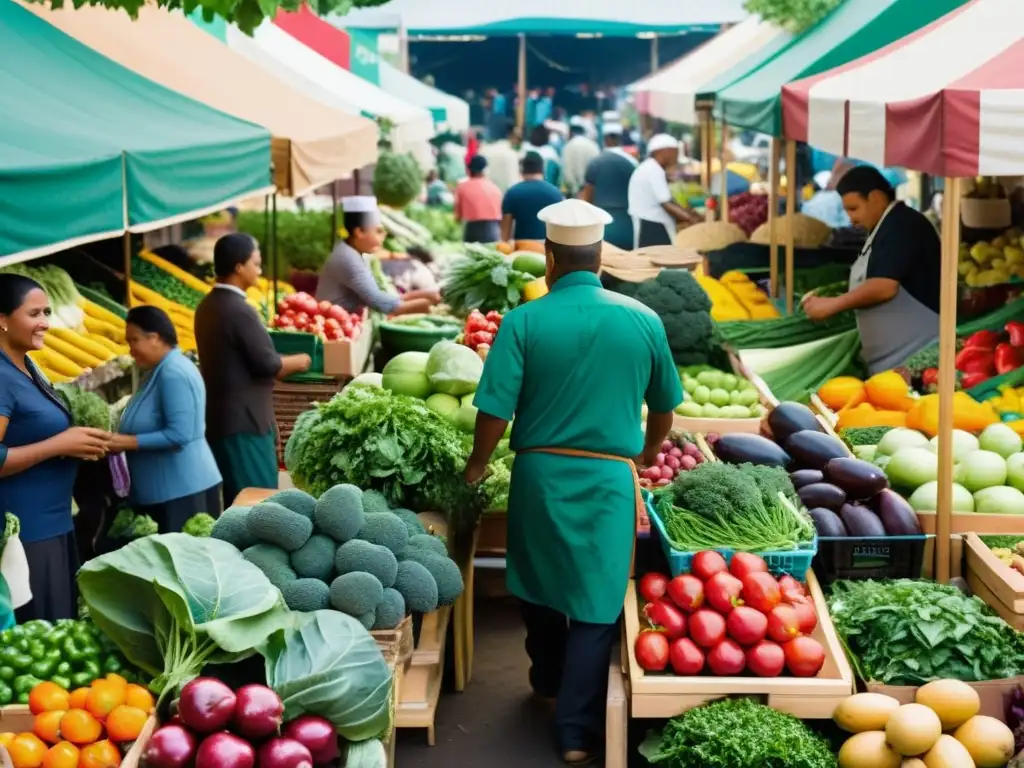 Un bullicioso mercado de alimentos al aire libre con puestos coloridos que ofrecen una variedad de frutas, verduras y hierbas frescas