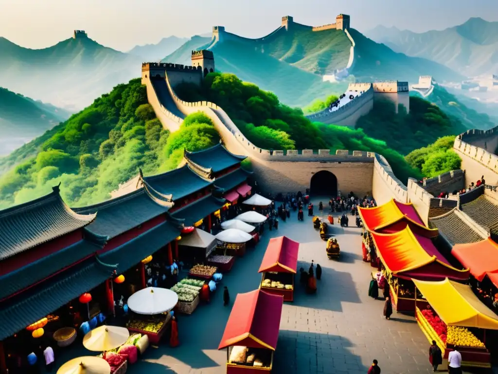 Mercado bullicioso de la antigua China: especias, seda y tradición Un bullicioso mercado en la antigua China, con puestos de especias, sedas y sabores exóticos