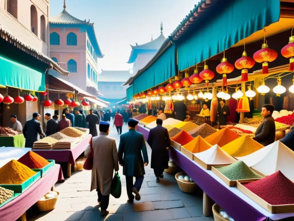Mercado vibrante en la Ruta de la Seda Un bullicioso mercado en una antigua ciudad de la Ruta de la Seda, con encuentros gastronómicos y comerciantes vendiendo especias y sedas coloridas