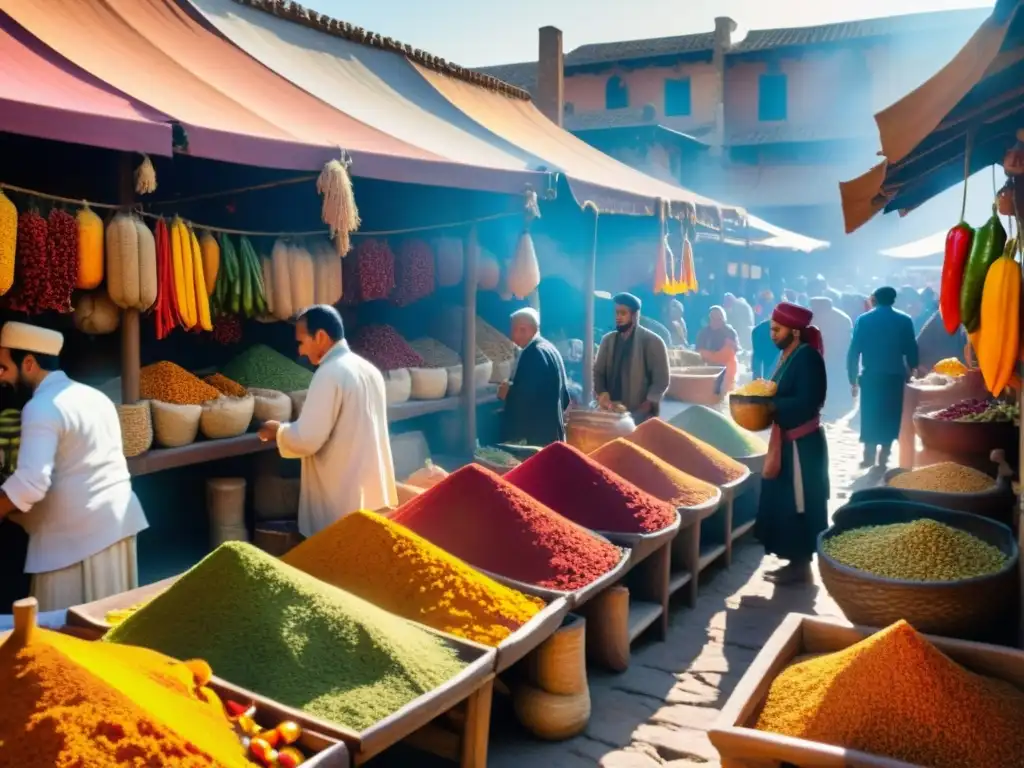 Un bullicioso mercado antiguo con comerciantes de diferentes culturas intercambiando especias coloridas y aromáticas bajo el cálido resplandor del sol