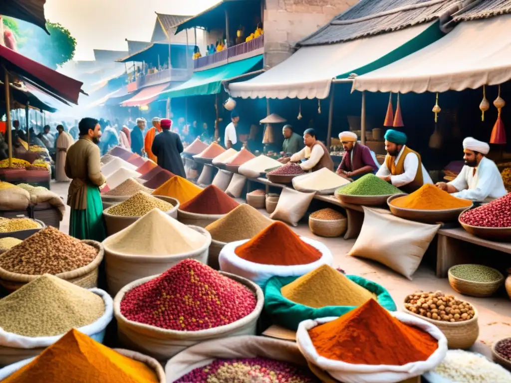 En un bullicioso mercado antiguo, comerciantes negocian especias aromáticas como canela y cardamomo