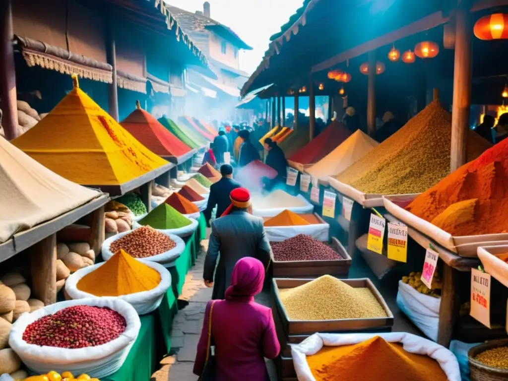 Un bullicioso mercado antiguo lleno de comerciantes vendiendo especias coloridas y aromáticas de todo el mundo