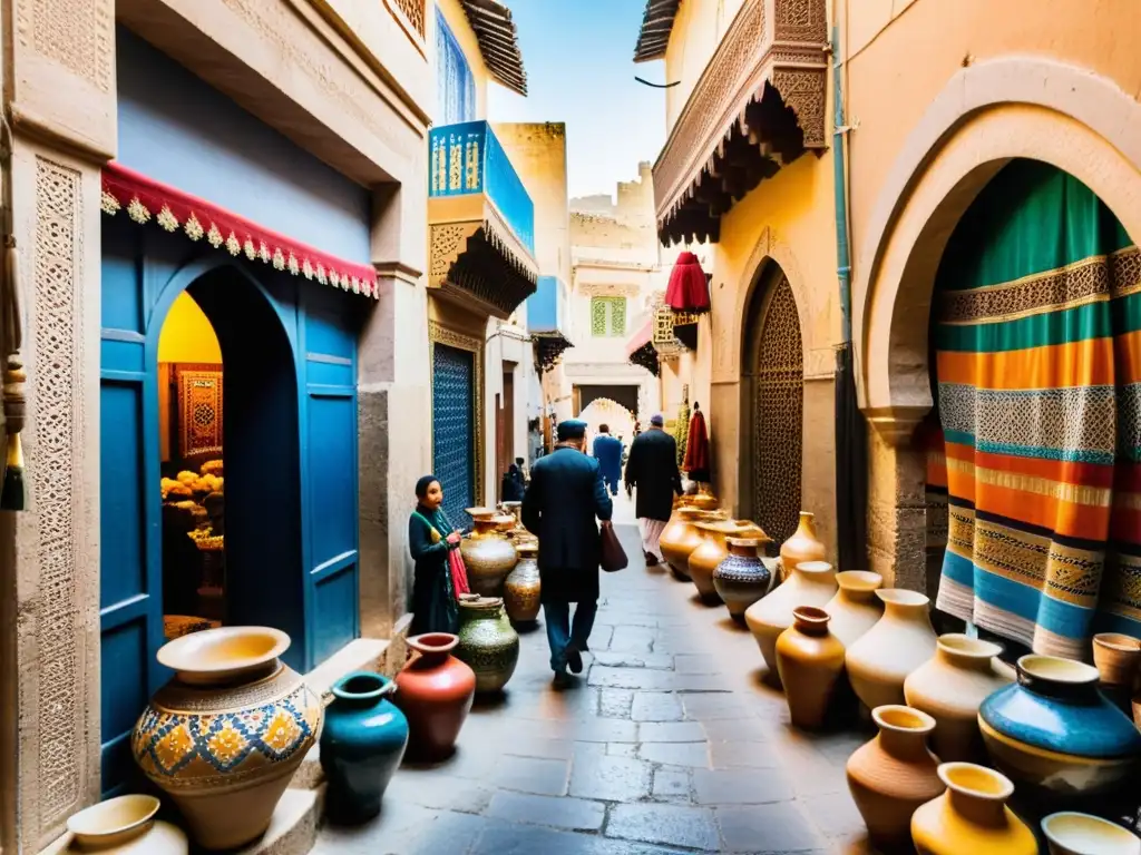 Un bullicioso mercado callejero en la antigua ciudad de Fez, Marruecos, con artesanía colorida exhibida por artesanos locales