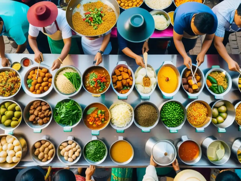 Un bullicioso mercado callejero de comida en Asia, con cocinas tradicionales del mundo, colores vibrantes y aromas cautivadores